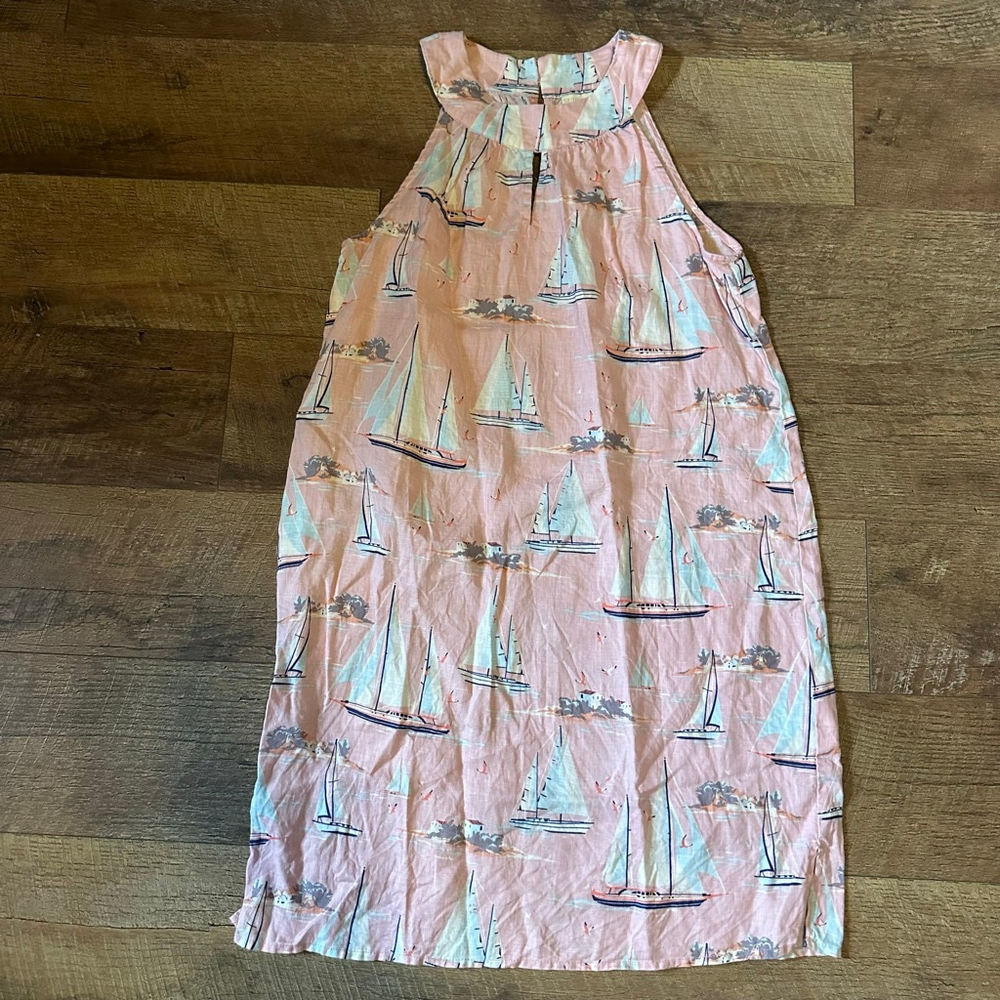 Women's St. Tropez West Pink & Blue Sailboat Maxi Dress S linen - Picture 2 of 12